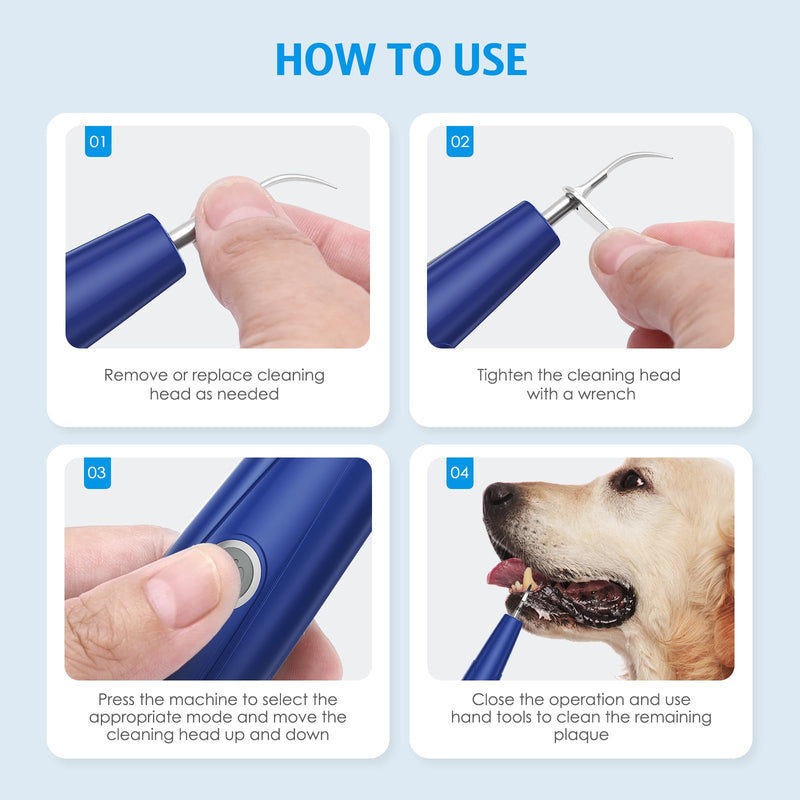 AMIR Ultrasonic Pet Plaque Remover, Electric Teeth Cleaning Kit for Dogs & Cats with 5 Modes, LED Light, IPX6 Waterproof, USB Rechargeable Toothbrush Cleaner for Dogs Cats (Blue)