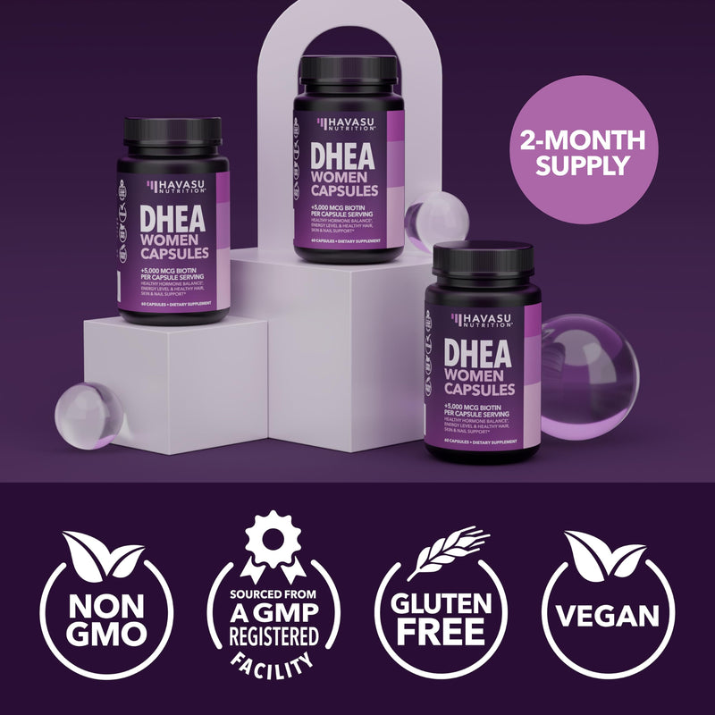 DHEA Supplement for Women with Biotin 5000mcg Per Serving, 2 Month Supply | DHEA 50mg and Biotin Supplement for Hormone Balance and Hair, Skin, Nail Support, Vegan, Non-GMO, Gluten-Free, 60 Servings DHEA + Biotin (60 Count)