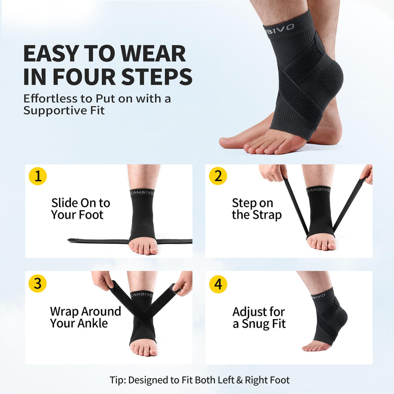 CAMBIVO 1 Pair Ankle Braces for Men and Women, Ankle Compression Socks for Foot Pain, Daily Wear, Fitness, Working, Achilles Tendonitis Relief Ankle Sleeve (Black with Strap, Medium) Black with Strap
