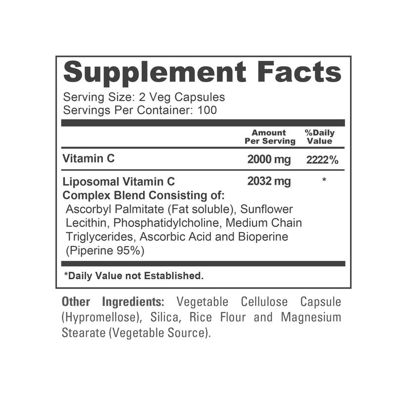 Liposomal Vitamin C, Non-GMO, Vegan, 2032mg, 200 Veggie Caps - 100 Servings | Dietary Supplement Formula, High Absorption Ascorbic Acid & BioPerine, Suitable for Adults, Manufactured in cGMP Facility USA 200 Count (Pack of 1)