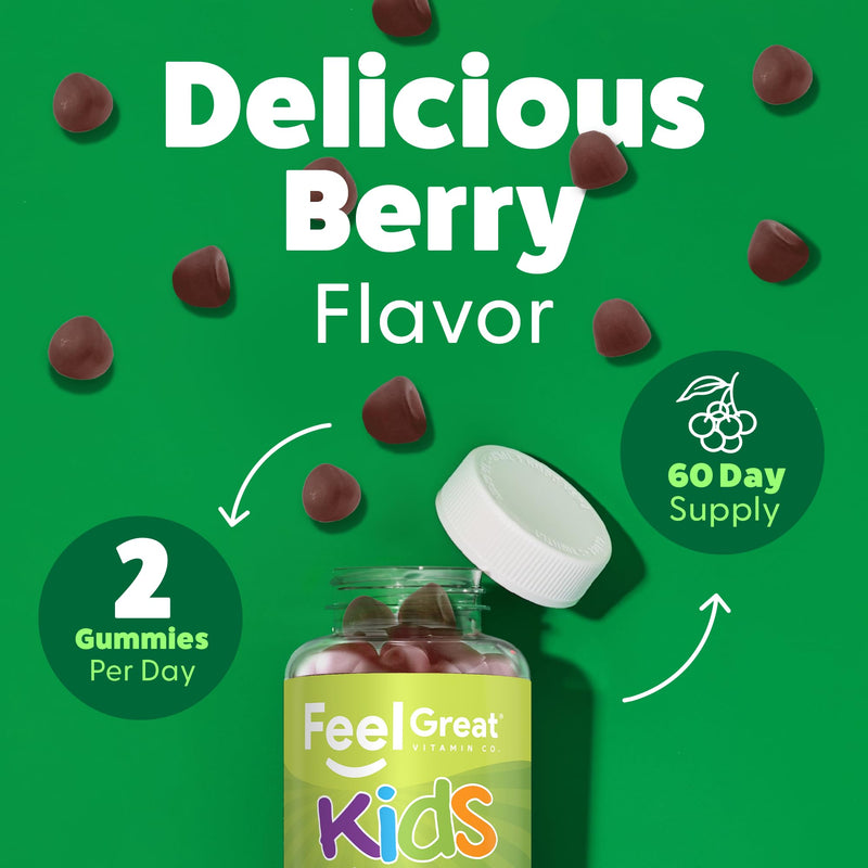 Feel Great Super Green Gummies for Kids | Fruit and Vegetable Gummies | Vegan Veggie Gummy Multivitamin for Kids | Veggie Fiber Supplement | 60 Count | Kale, Broccoli & Veggie Blend, Natural Fiber, Watermelon Flavor, Immune Support Gummy for Kids