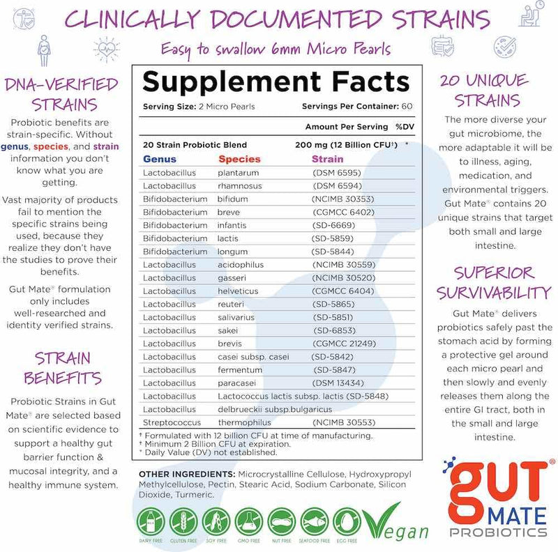 Gut Mate® Probiotics - Clinically documented Strains - 15x More Effective Than Standard Capsules- Patented BIO-Tract® Micro Pearls - Vegan, Vegetarian, Dairy-Free - Room Temp Stable