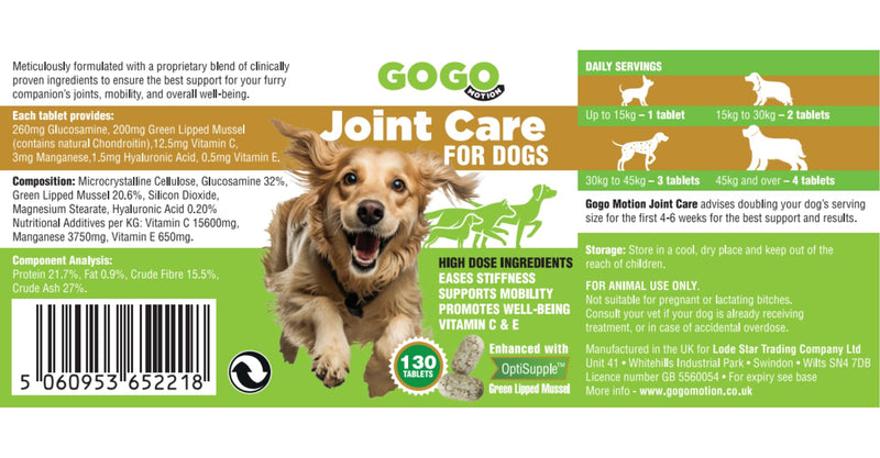 Joint Care Supplement for Dogs with Green Lipped Mussel and Glucosamine | Rapid Relief for Stiff Joints, Fortified with Vitamin C and E, Maximum Strength Tablets - 130 Crushable Tablets 130 count (Pack of 1)