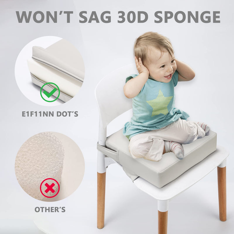 Toddler Booster Seat for Dining Table (PU Material),Portable Kids Booster Seat with Safety Buckles, High Cushion for Travel with Non-Slip Bottom Waterproof PU - Gray - BeesActive Australia