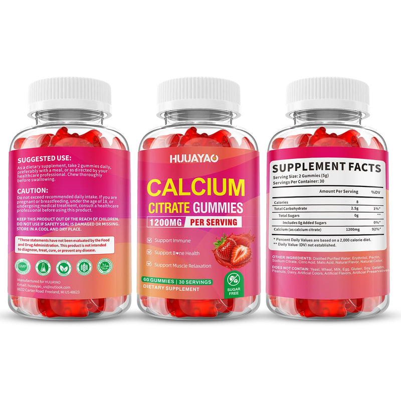 Calcium Citrate Gummies 1200mg, Chewable Calcium Supplements for Women & Men, High Absorption Calcium Gummies for Bone, Muscle & Immune Support, Sugar Free, Strawberry Flavor 120 Count 120 Count (Pack of 1)