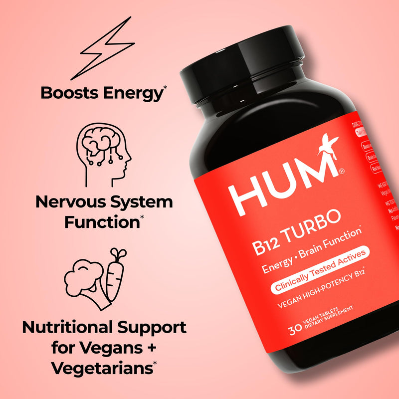 HUM B12 Turbo High Potency Vitamin B12 Daily Energy Support, 30 Count | Vitamin B12 & Calcium, 30 High Potency Tablets, Vegan, Gluten Free, Non-GMO 30 Count (Pack of 1)
