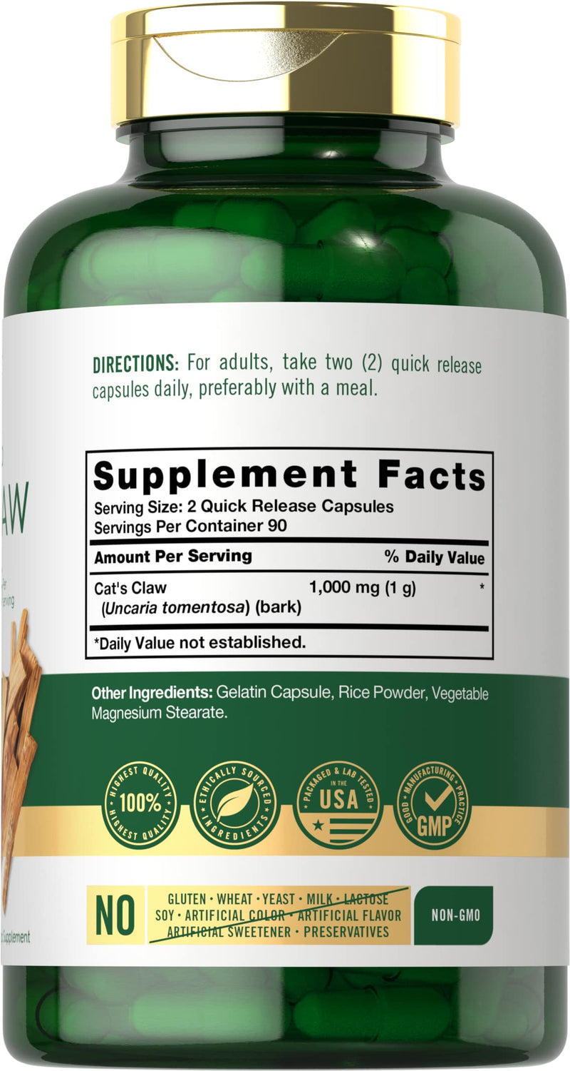 Carlyle Cat's Claw Herb Capsules 1000mg | 180 Count | Uncaria Tomentosa | Non-GMO, Gluten Free Supplement