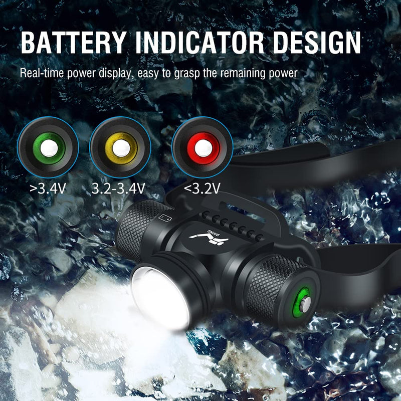 Super Bright Diving Headlamp, 5 Modes Professional Dive Headlight, Underwater 60M Head Torch for Swimming,Snorkeling, Caving,IPX8 Waterproof Dive Light with Battery and Charger