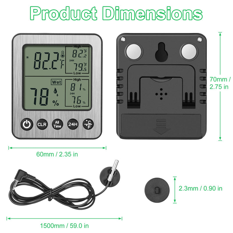 Digital Refrigerator Freezer Fridge Thermometer with Extra Sensor Digital Hygrometer max and min Before 24 Hours and All time Remember Reptile Tank Thermometer Hygrometer White zz20 A 1