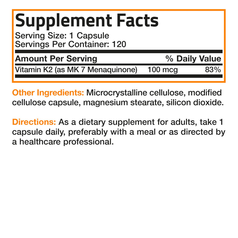 Bronson Vitamin K2 as MK-7 Menaquinone 100 mcg Non-GMO, 120 Capsules Unflavored 120 Count (Pack of 1) - BeesActive Australia