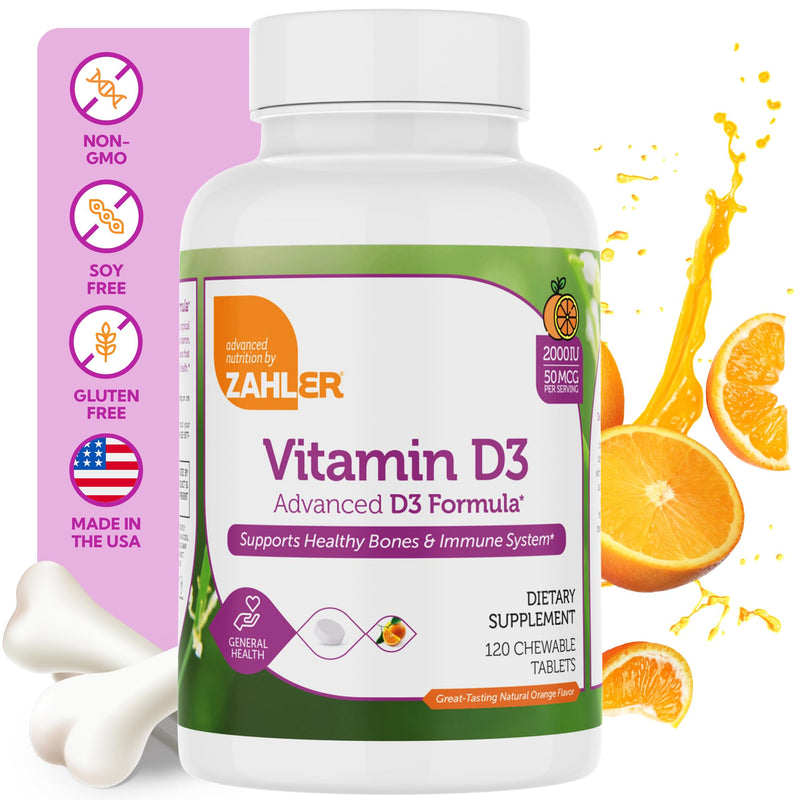 Zahler Vitamin D3 CHEWABLE 2000IU, an All-Natural Supplement Targeting Vitamin D Deficiencies, Certified Kosher, 120 Great Tasting Orange Flavored Tablets 120 Count (Pack of 1)
