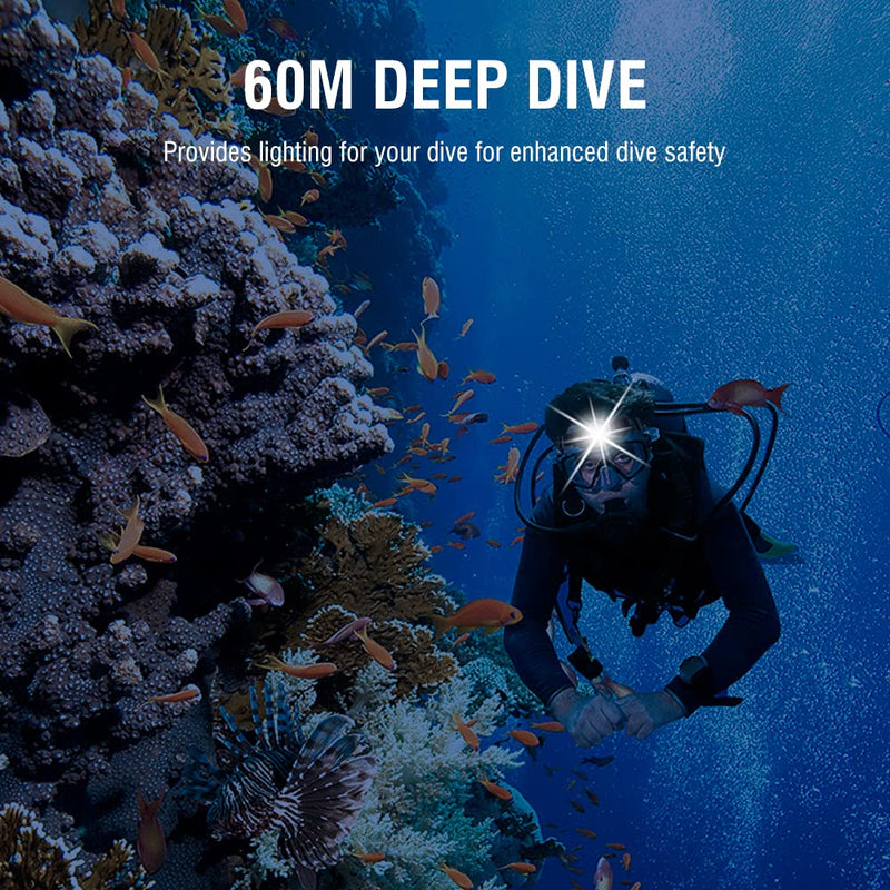 Super Bright Diving Headlamp, 5 Modes Professional Dive Headlight, Underwater 60M Head Torch for Swimming,Snorkeling, Caving,IPX8 Waterproof Dive Light with Battery and Charger