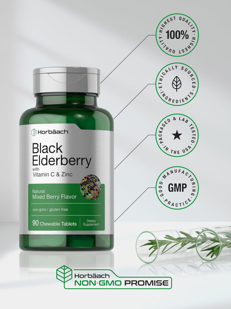 Horbaach Black Elderberry with Vitamin C and Zinc | 90 Chewable Tablets | Mixed Berry Flavor | Immune Support Complex | Vegetarian, Non-GMO, and Gluten Free Supplement 90 Count (Pack of 1)