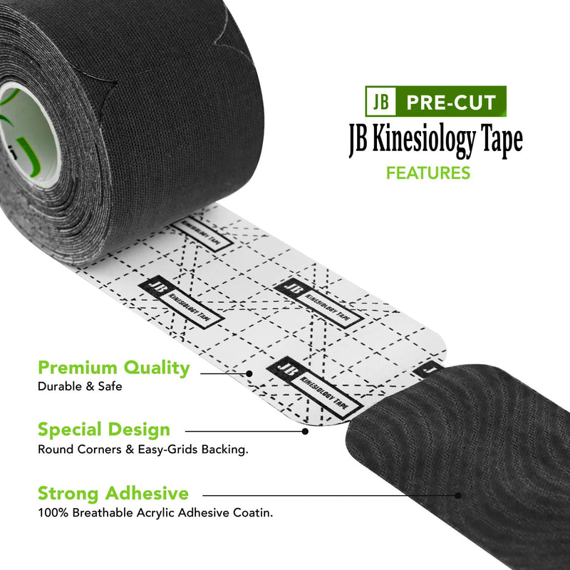 JB Tape Kinesiology Tape – 80 Precut 10-Inch Strips – Black – Elastic, Latex-Free, Water Resistant – Athletic Muscle & Joint Support – 4 Rolls Black Jet