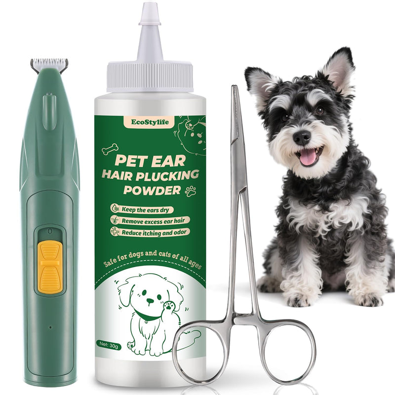 Dog Ear Hair Removal Tool – 30g Ear Powder, 5.5" Hemostat & Electric Dog Ear Trimmer – Helps Reduce Wax & Odor – Grooming Kit for Schnauzers, Poodles & Breeds with Ear Hair 3 Pack