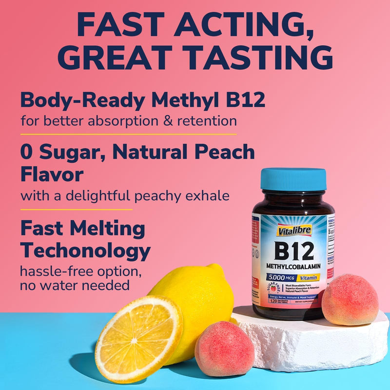 Vitalibre Vitamin B12 Sublingual 5000 mcg, Methylcobalamin, Bioactive Form | High Absorption, Vegan, Nerve, Energy, Immune, Mood Support, Natural Peach Flavor, 120 Fast Dissolve Mini Tablets, No Sugar 120 Count (Pack of 1)