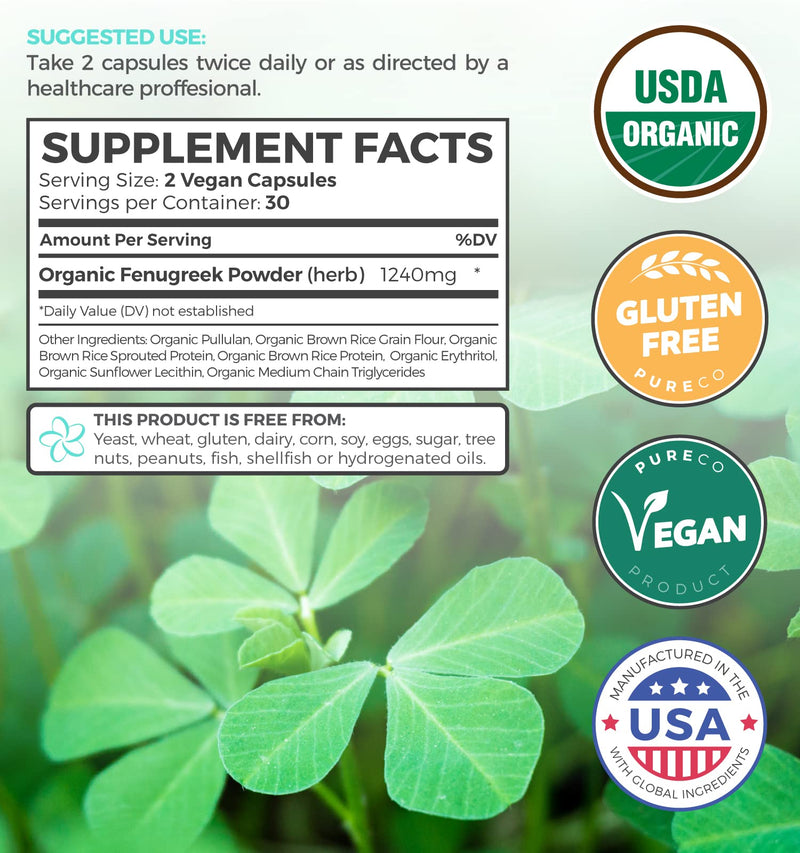 USDA Organic Fenugreek Capsules for Women - Effective Lactation Supplement for Increased Breast Milk Supply - Herbal Breastfeeding Support for Mothers - Gluten Free - 60 Vegan Capsules (No Pills) | Gentle Breast Milk Supply Booster for Mothers - Fenugr...