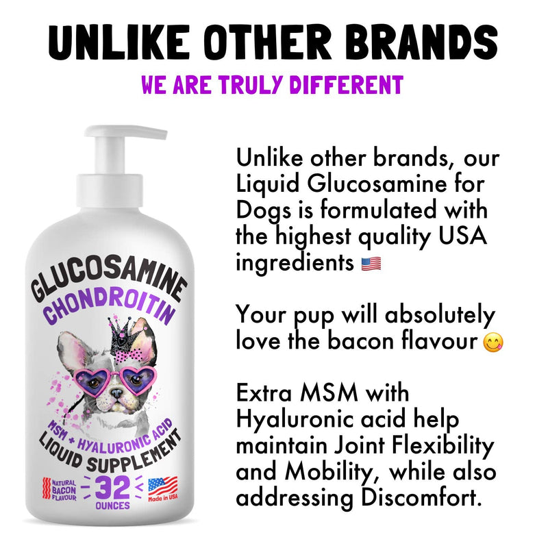 Liquid Glucosamine for Dogs Bacon Flavour Chondroitin, MSM & Hyaluronic Acid K9 Supplement Hip and Joint Formula Advanced Mobility Joint Pain Relief Senior Advanced Supplement for All Breeds 32 oz 32oz - PawsPlanet Australia