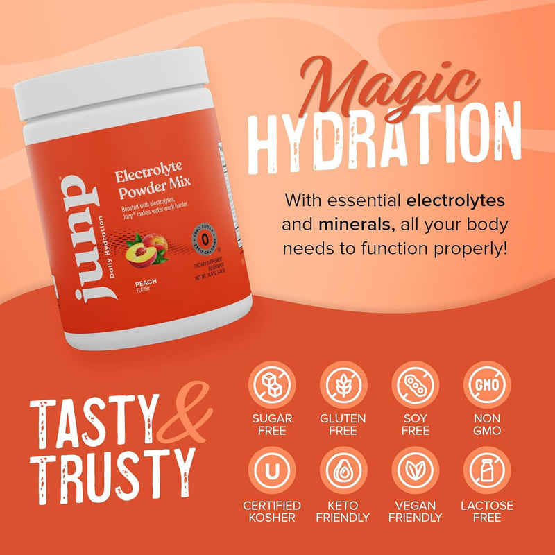 JUNP Electrolytes Powder No Sugar No Carbs, Orchard Fresh Juicy Peach Keto Electrolyte Drink Mix, Potassium & Salt Hydration Powder Electrolytes Zero Calorie Sugar Free Electrolyte Powder, 90 Servings 90 Servings (Pack of 1)