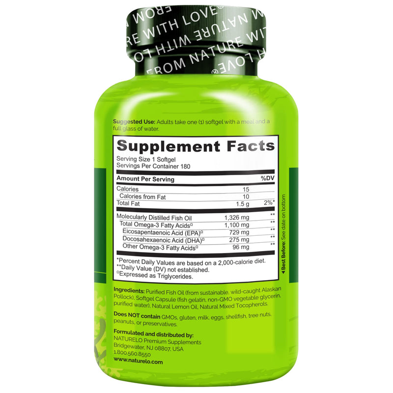 NATURELO Burpless Omega 3 Fish Oil Supplement, 1100mg, 180 Softgels | Triglyceride omega-3, omega 3 DHA EPA, liquid fish oil, 6 months supply 180 Count (Pack of 1)