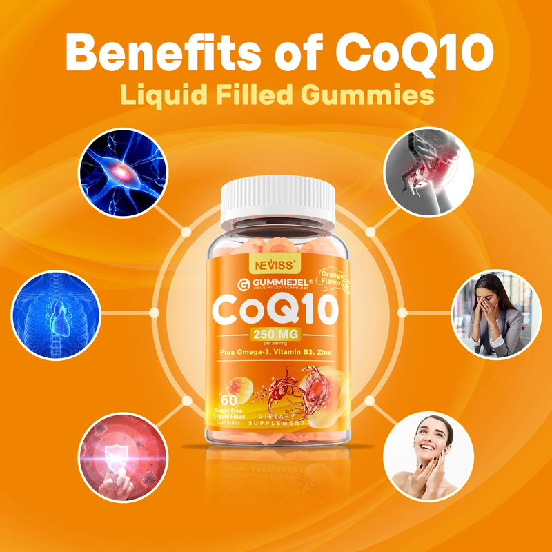 Sugar-Free CoQ10-250mg Filled Gummies Plus Omega-3, Zinc & B3, 2-Pack | 5x Absorption, Coenzyme Q10 Supplements for Hear-t Health, Cellular Energy & Antioxidant Support, 250mg CoQ10 per Gummy 60 Count (Pack of 2)