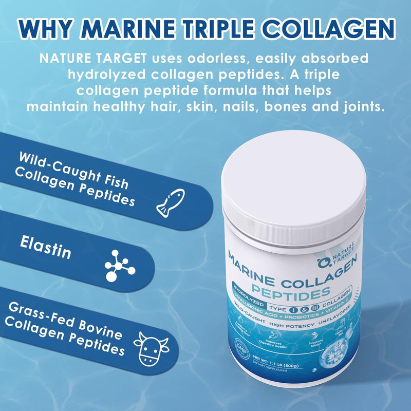 NATURE TARGET Marine Collagen Powder for Women, 50 Servings | With Hyaluronic Acid and Vitamin C for Hair, Skin, Nails, and Joints, Wild-Caught Fish and Grass-Fed Bovine 1.1 Ounce (Pack of 1)