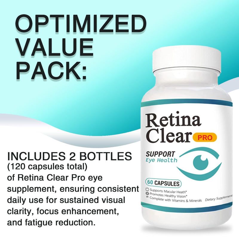 Retina Clear Pro Eye Health Support Supplement, with Minerals and Vitamins, Lutein and Bilberry Extract Supports Visual Clarity, Eye Fatigue Relief & Focus（2PCS）