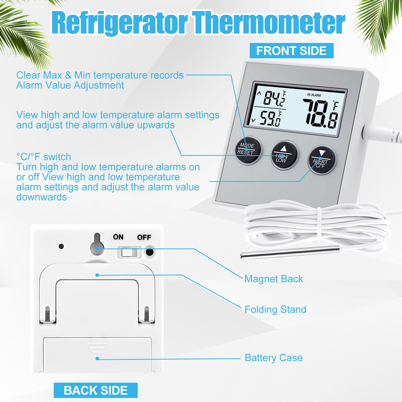 Relaxweex 3 Pack Refrigerator Thermometer Freezer Alarm Digital Thermometer with Sensor, High and Low Alarm Memory Function for Freezer Fridge Kitchen Aquarium(White) White