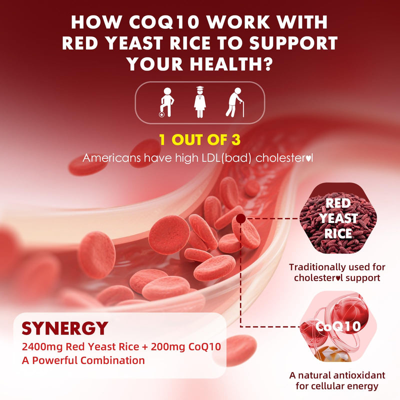 2 Pack Red Yeast Rice with Coq10 Gummies, Red Yeast Rice Supplement, Sugar Free, Raspberry Flavor, 120 Count - BeesActive Australia