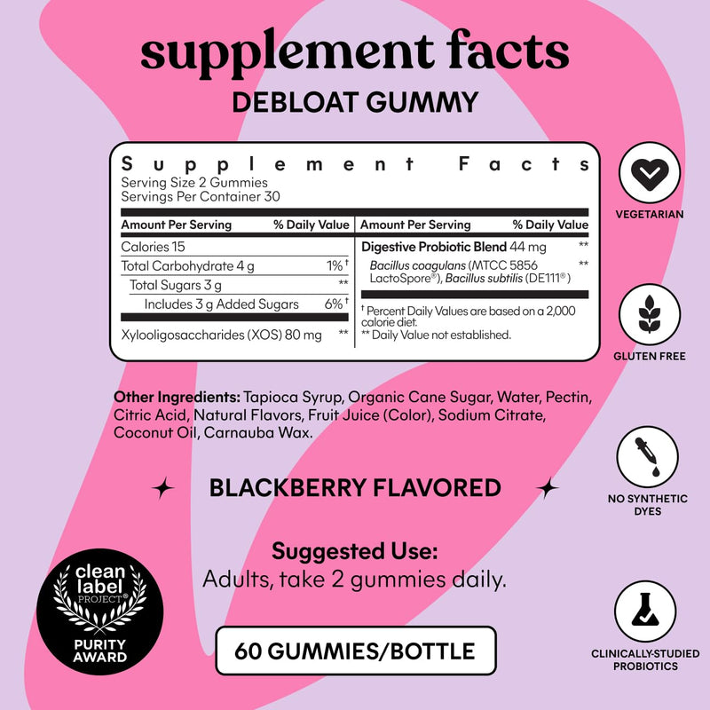 Lemme Debloat Digestive & Gut Health Gummies (60 Gummies) (Pack of 2) | 2 Clinically Studied Probiotics & Prebiotic, Vegetarian, Gluten Free, Non GMO, BlackBerry Flavor 60 Count (Pack of 2)