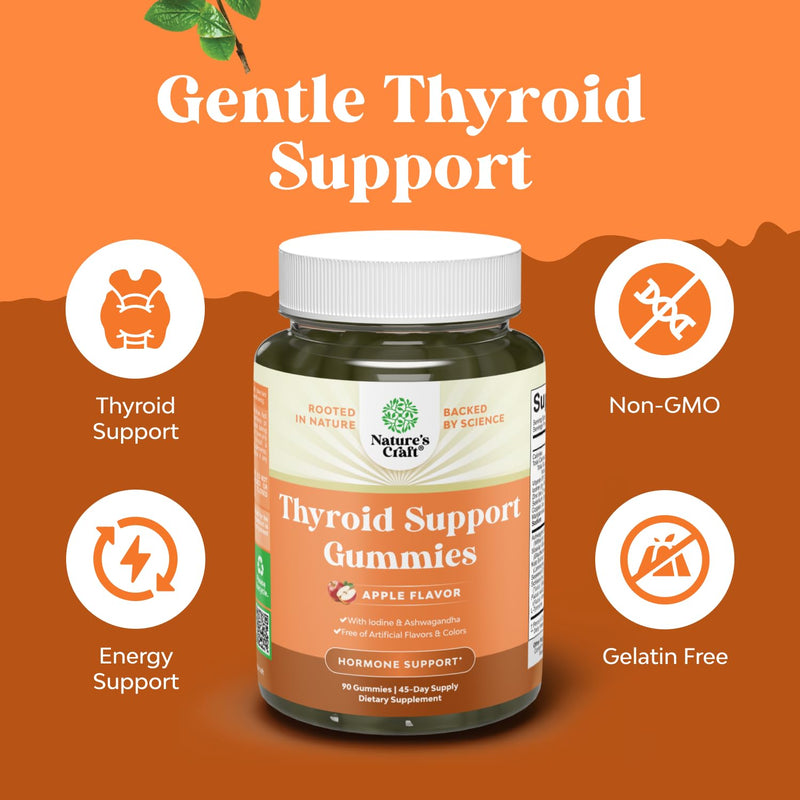 Natures Craft Thyroid Support Gummies - Thyroid Support Gummies for Comprehensive Support for Men and Women with Iodine Selenium and Other Potent Vitamins - Gelatin-Free Non-GMO - 90 Count