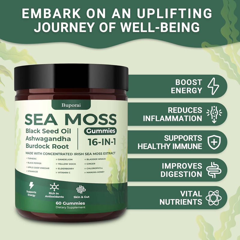 Sea Moss Gummies 16-1, Black Seed Oil Ashwagandha Turmeric Bladder Wrack Vitamin C Vitamin D3 Elderberry Manuka Dandelion Yellow Dock Apple Cider Vinegar for Men & Women Pack of 1