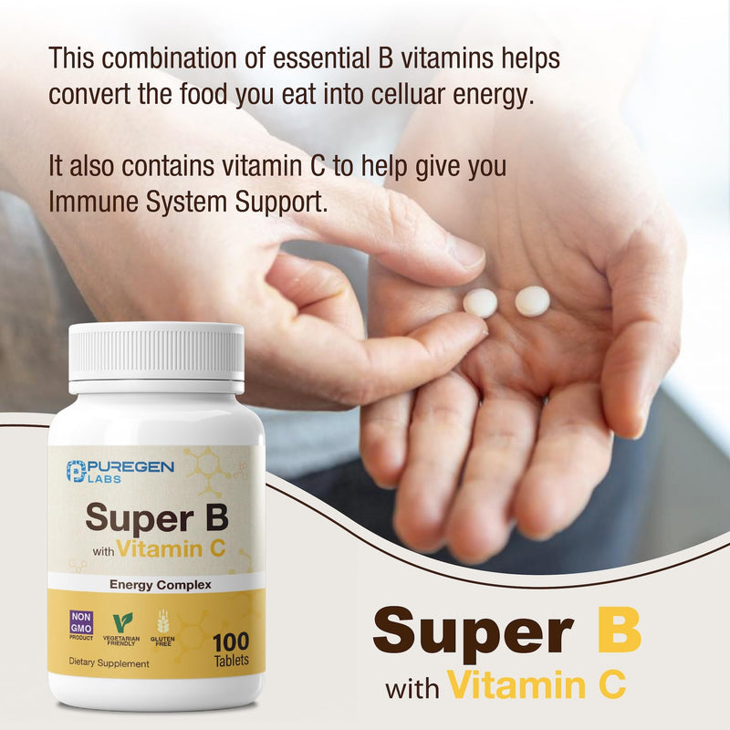 Puregen Labs Super B Energy Complex with Vitamin C - Immune Health, Energy & Nervous System Support - Non-GMO, Gluten-Free 100 Vegetarian Tablets 1