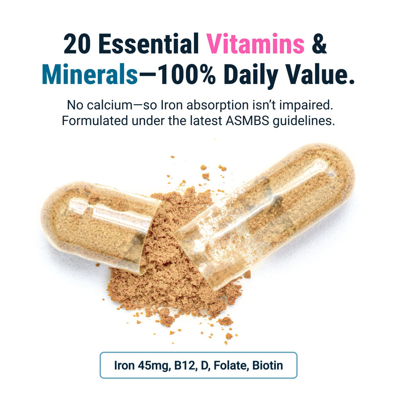 BariatricPal Multivitamin ONE 1 per Day! Bariatric Multivitamin Capsule with 45 mg of Iron | Easy to Swallow Capsule | Vitamin for Bariatric Surgery Patients | 90 Count (3 Month Supply) 90 Count (Pack of 1) 45mg Iron