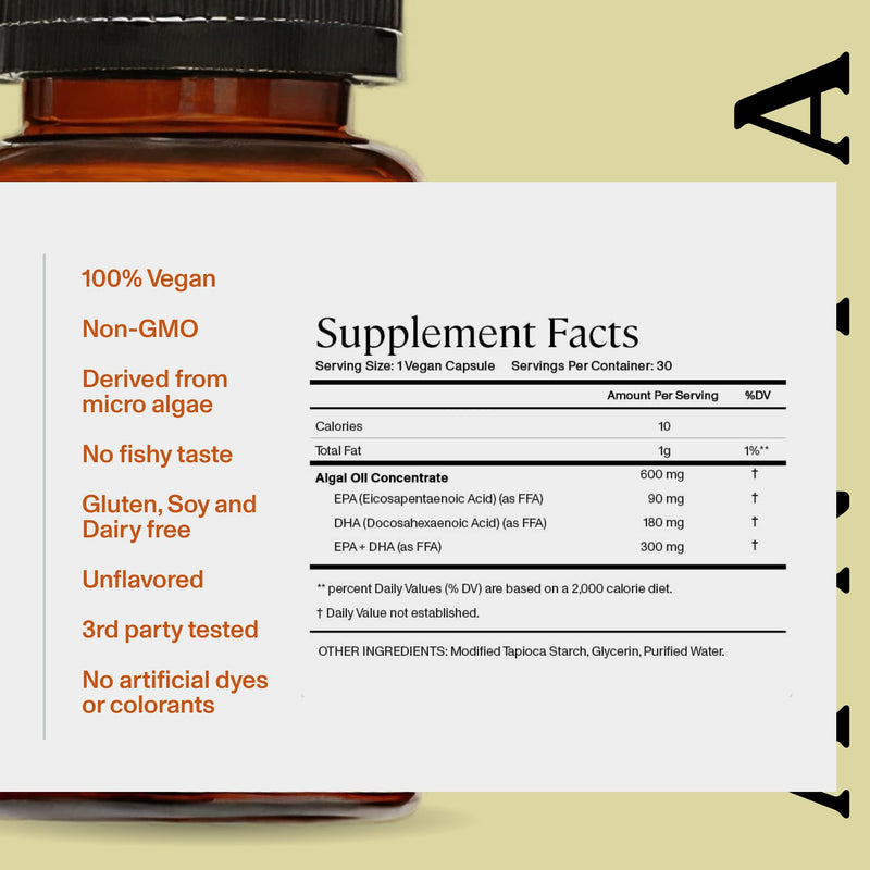 ANYA Vegan Omega-3 with DHA & EPA, 300 mg, Non-GMO Supplement | 300 mg DHA & EPA omega-3 supplement. Vegan, non-GMO, gluten-, soy-, and dairy-free with clean ingredients Omega 3