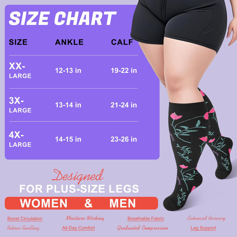 4 Pairs Plus Size Compression Socks,Extra Wide Calf 20-30 mmHg Knee High Compression Socks for Men Women Circulation 3X-Large 06-white Flower