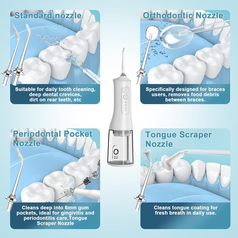 Portable Cordless Water Dental Flosser Teeth Pick 300ML Rechargeable Oral Irrigator with 4 Modes, IPX7 Waterproof,Powerful Flossing for Gum Care, Braces, and Deep Cleaning (White) White