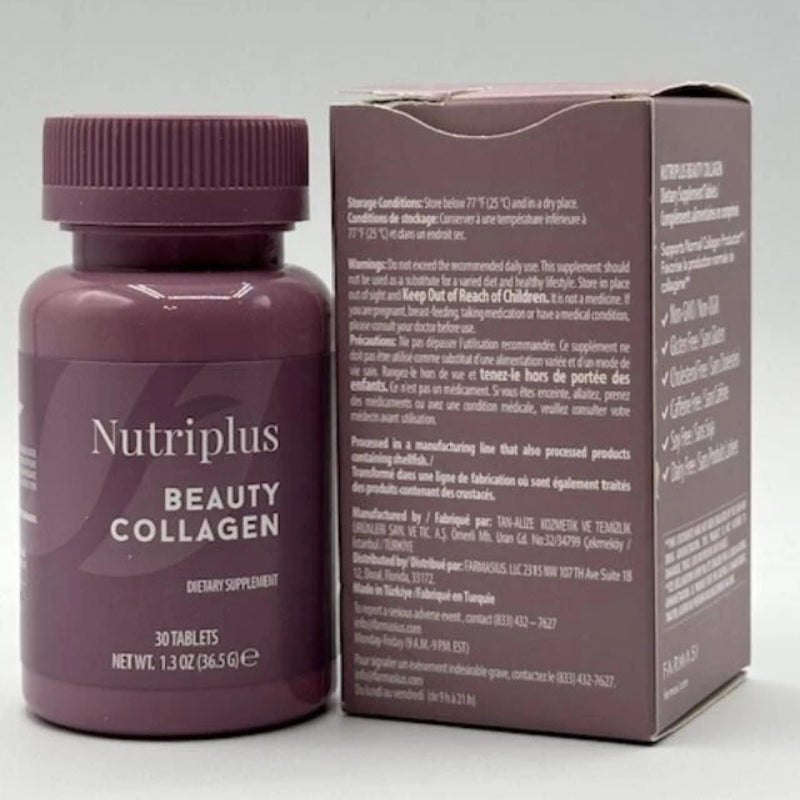 FARMASi Nutriplus Beauty Collagen Tablets, Non GMO, Gluten Free,1.3oz | Type I and Type III Hydrolyzed Collagen with Vitamin C, 2000 mg Collagen Per Serving, Unflavored, Daily Use, 30 Tablets