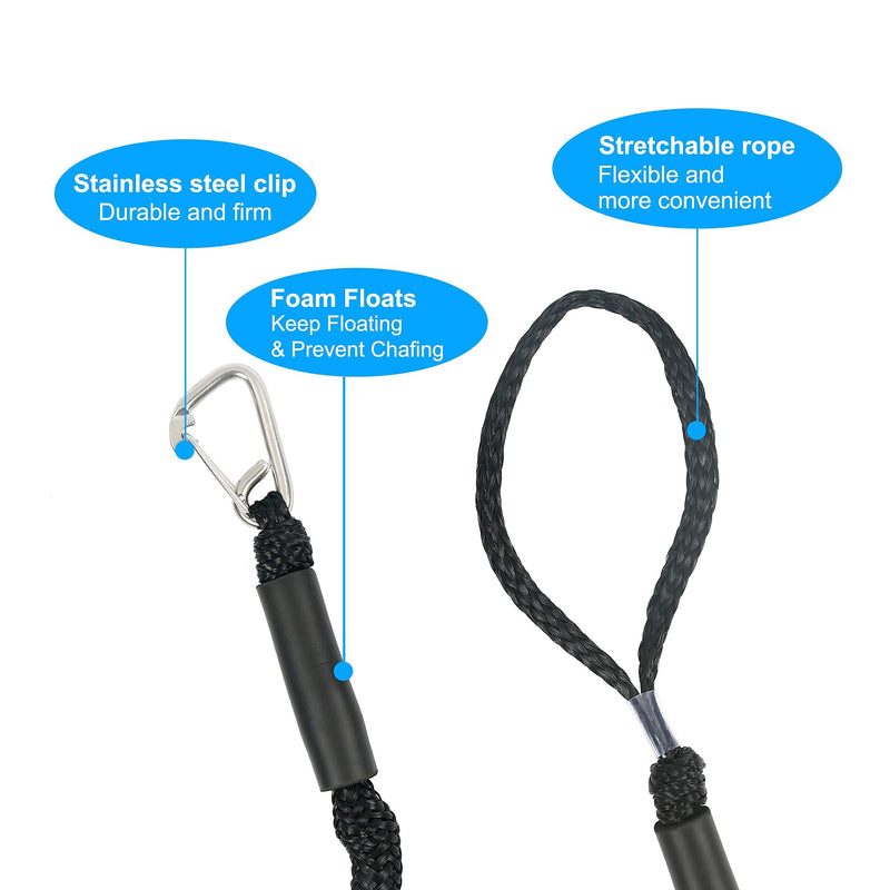 Boat Bungee Dock Lines with Clip 4 Pack Marine Rope Pontoon Boating Kayak Accessories, Black