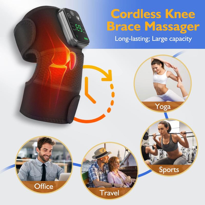 Cordless Heated Knee Massager, Knee Heating Pad for Knee Pain Relief, FSA Eligible HSA, Heated Knee Brace Wrap, Heat & Massage, Joint & Arthritis Comfort Dark Black