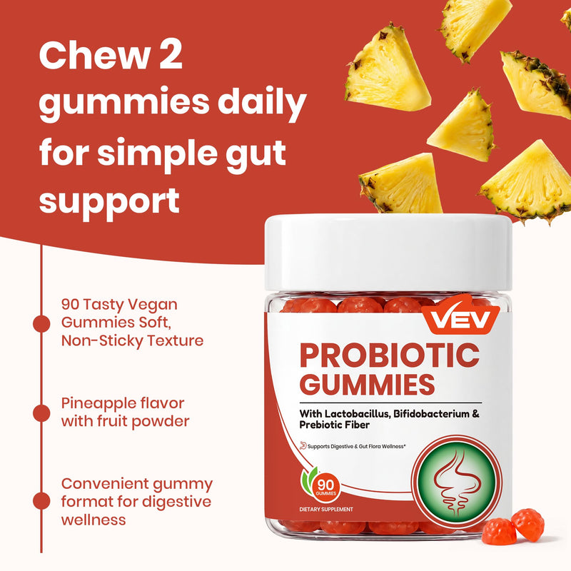VEV Probiotics for Women Gummies, 5B CFU per Serving, 90 Count | Women Probiotics Gummies, Vegan Gummies, Pineapple Flavor 90 Count (Pack of 1)
