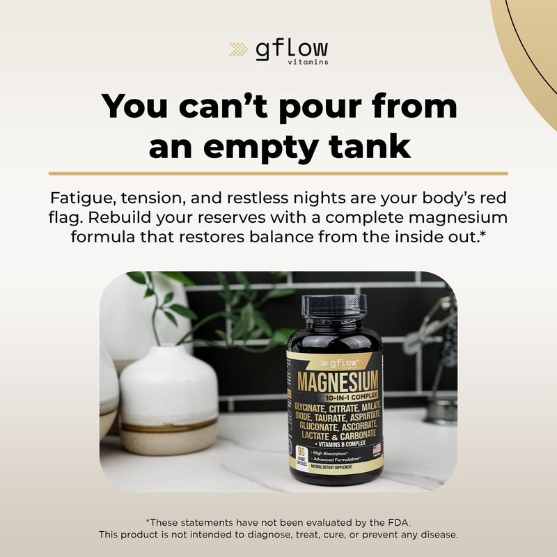 gflow vitamins Magnesium Complex Supplement - 10 Active Forms, Glycinate, Citrate, Malate, Oxide, Taurate, Aspartate, Gluconate, Ascorbate, Lactate, Carbonate, Plus More with Vitamin C B1 B2 B6 B12