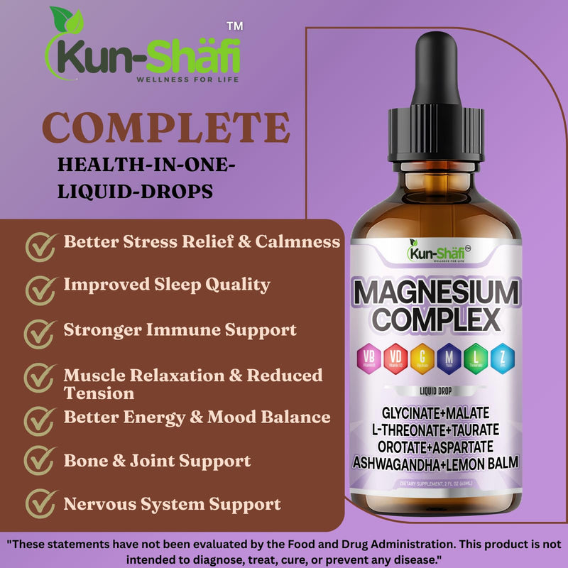 Magnesium Complex Liquid Drops – High Absorption Magnesium Glycinate, Malate, L-Threonate, Taurate with Ashwagandha & Lemon Balm – Vitamin C B1 B2 B6 B12 Complex – 2 Fl Oz(60 ml)