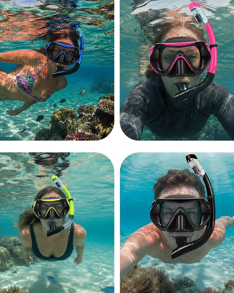 Snorkeling Gear for Adults, Dry Snorkel Mask Set, Scuba Diving Snorkle mask Set Adult, Panoramic Wide View Anti-Fog Dive mask, Swimming Diving Snorkeling Packages BLACK - BeesActive Australia