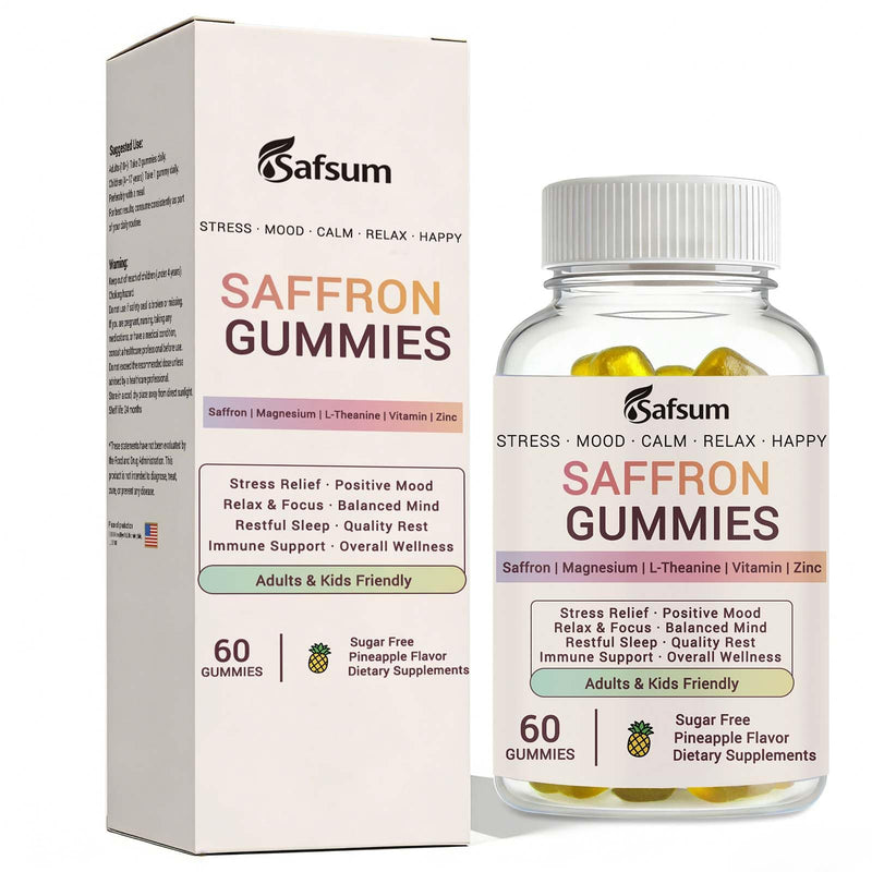 Saffron Gummies with Magnesium, L-Theanine, Vitamins - Happy Gummies for Stress Relief & Mood Support Saffron Supplements for Adults & Kids, Sugar Free Pineapple Flavor, 60 Gummies
