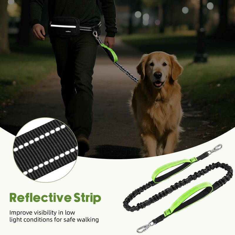 VavoPaw Hands Free Dog Leash with Pouch, Waist Leash for Dog Walking, Jogging, Hiking, Retractable Leashes with Dual Padded Handles, Adjustable Reflective Belt for Small Medium Large Dogs, Black Green 1 Leash