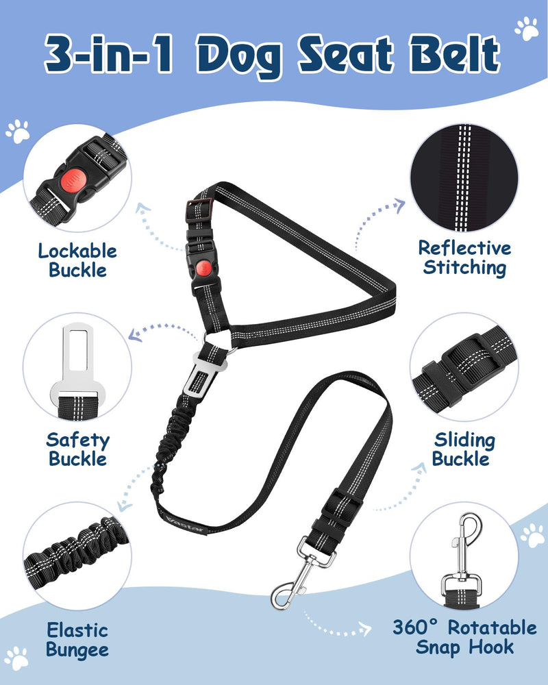 Vastar 2 Pack Dog Seat Belt for Car, 3-in-1 Dog Car Seatbelt, Adjustable Pet Seat Belt, Safety Headrest Restraint Dog Car Belt with Reflective Elastic Bungee, Poop Bag Holder Black+Black - BeesActive Australia