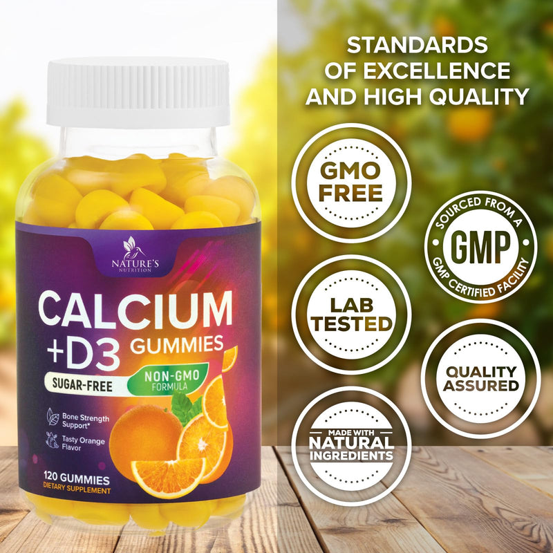 Calcium Supplement Gummies - Sugar Free Calcium Gummy with Vitamin D3 for Best Absorption - Supports Immune Health, Bones & Teeth - Nature's Calcium Chews for Women & Men, Orange Flavor - 120 Gummies 120 Count (Pack of 1)