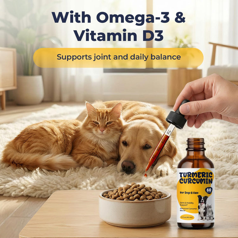 Turmeric Curcumin Drops for Dogs & Cats, Joint Comfort & Mobility Support, High Absorption Liquid Turmeric with Black Pepper, Omega-3 & Vitamin D3, Helps Maintain Flexibility & Daily Movement, 2 fl oz