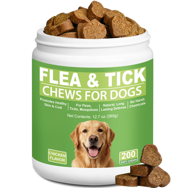 Dog Flea and Tick Chewables for Dogs 200Ct, Natural Support Supplement, Flea Supplement for Dogs, Flea and Tick Chews for Dogs Puppies, All Breeds & Sizes, Digestive Health Chicken Flavor